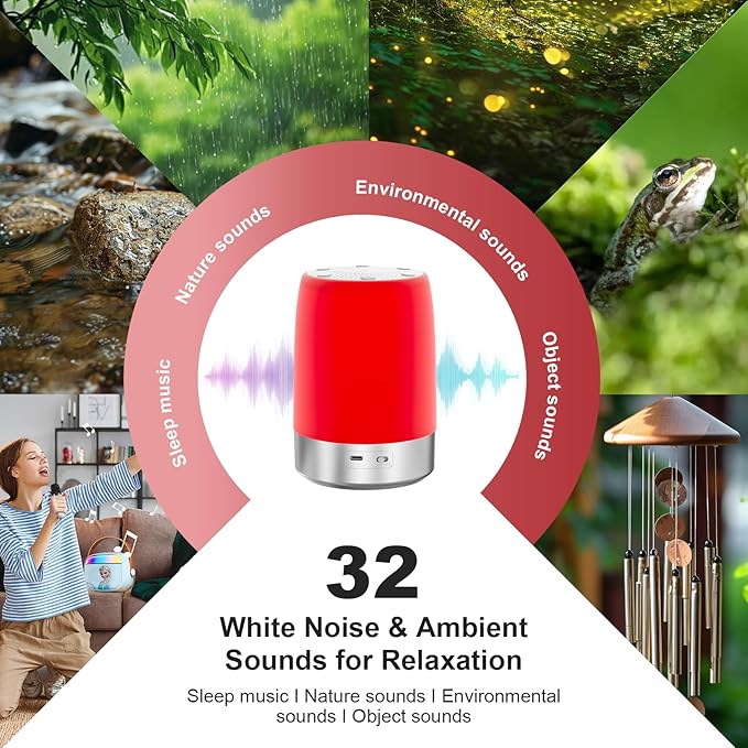 Red Light Sleep Sound Machine – Night Light for Bedroom with 5-Level Red Light Therapy (620–690nm) 32 White Noise &amp Nature Sounds Smart App Control Timer &amp Wake-Up Alarm Clock