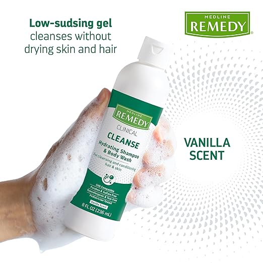Medline Remedy Clinical Hydrating Shampoo &amp Body Wash (8 fl oz) 12 Count Vanilla Scent Cleanser No-Rinse Adults Kids Shower Or Bedside Dimethicone Sulfate Free