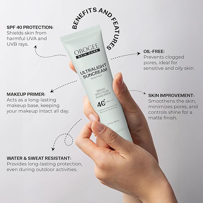 Ultralight SunCream(SPF 40) - 50 mL - 100% Mineral Oil-Free Broad Spectrum Sunscreen - Smooths Skin’s Appearance Minimizes Pores &amp Controls Shine - Water &amp Sweat Resistant