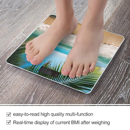Ocean Sea Beach Palm Leaves Bathroom Scale Large LCD Backlight Display Digital Scale Rounded Corners Body Scales Automatic Power On/Off Bathroom Scales for Home Bedrooms