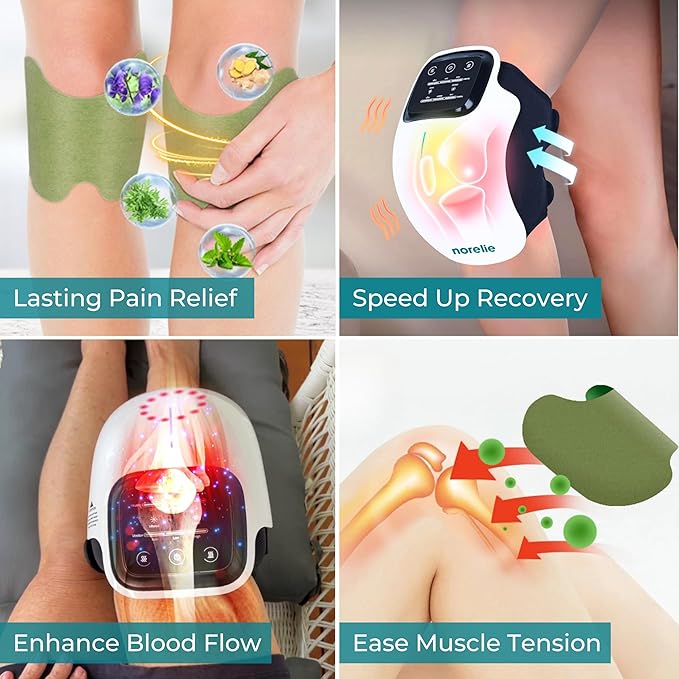 Norelie KneeRelief Massager + Herbal Knee Patches Bundle – 3-in-1 Device with Red Light Vibration &amp Heat Therapy + 12 Herbal Patches for Daily Knee Wellness