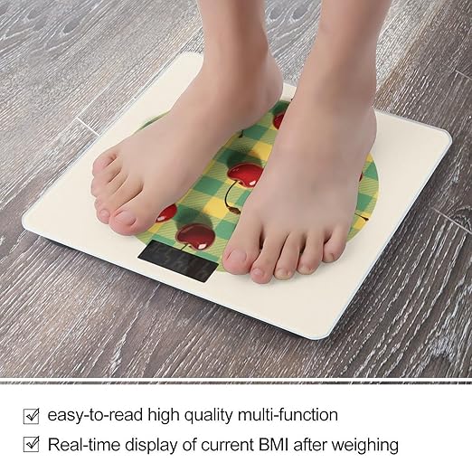 Cherry Fruit Checkered Print Weight Scale Large Digital Bathroom Scales with Bright LED Display Non Slip Digital Scale and Step On Fashion Weighing Machine for Body