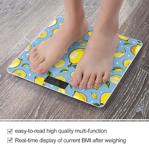 Lemon Hand Drawn Pattern Scale for Body Weight Highly Accurate Digital Bathroom Body Scale Digital Bathroom Scales for People Anti-Slip Large LCD Display Smart Scales