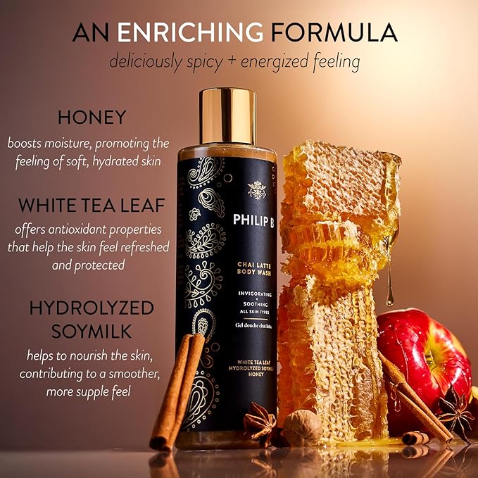 PHILIP B Chai Latte Body Wash 11.5 Fl Oz (340mL) - Invigorating + Soothing Formulated with White Tea Leaf Hydrolyzed Soymilk &amp Honey for All Skin Types