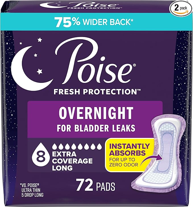 Poise Overnight Incontinence &amp Postpartum Pads for Bladder Leaks 8 Drop Extra Coverage 72 Count (2 Packs of 36) Packaging May Vary