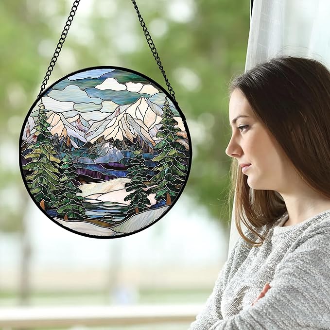 Stained Glass Window Hanging Green Trees Abstract Snow Mountain Suncatcher for Doors Window Home Landscape Sun Catchers Decor Mother's Day Birthday Gifts for Women Men Mom 9.8 in