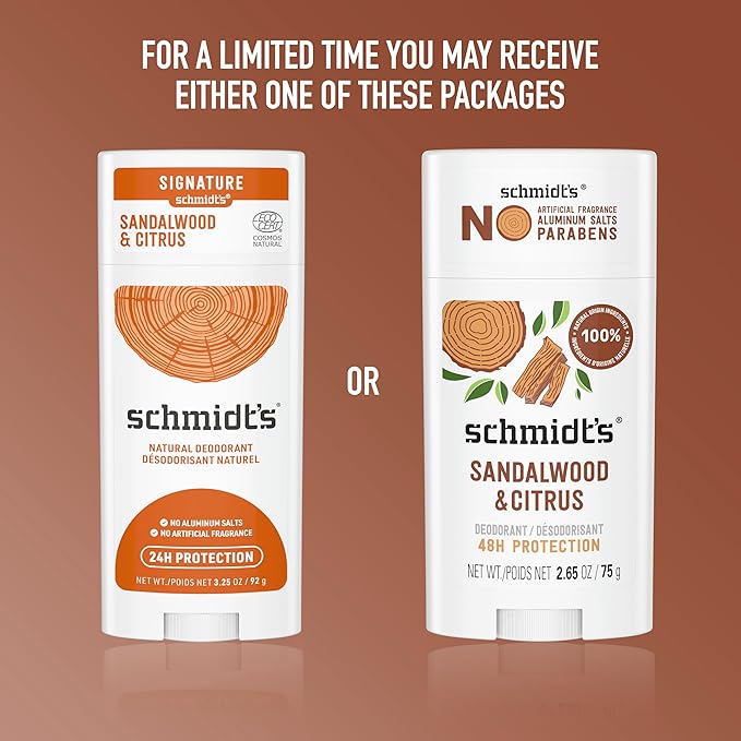 Schmidt's Aluminum-Free Vegan Deodorant Sandalwood &amp Citrus 4 Count for Women and Men with 24 Hour Odor Protection Natural Ingredients Cruelty-Free 2.65 oz
