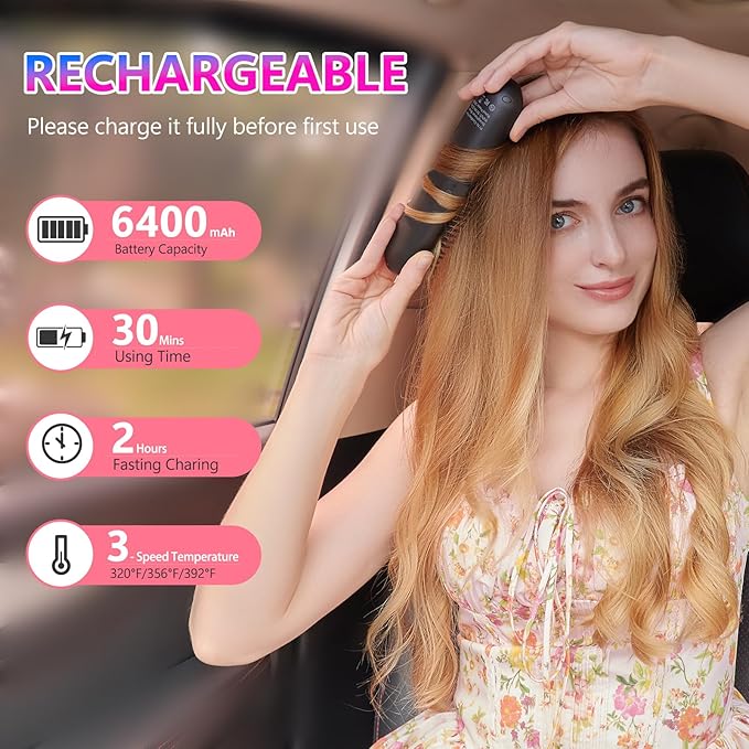 LCD Screen Cordless Hair Straightener and Curler 2 in 1 Rechargeable Portable Mini Travel Negative Ionic Hair Straightening Brush for Women Fast Heating Hot Comb for Women Black