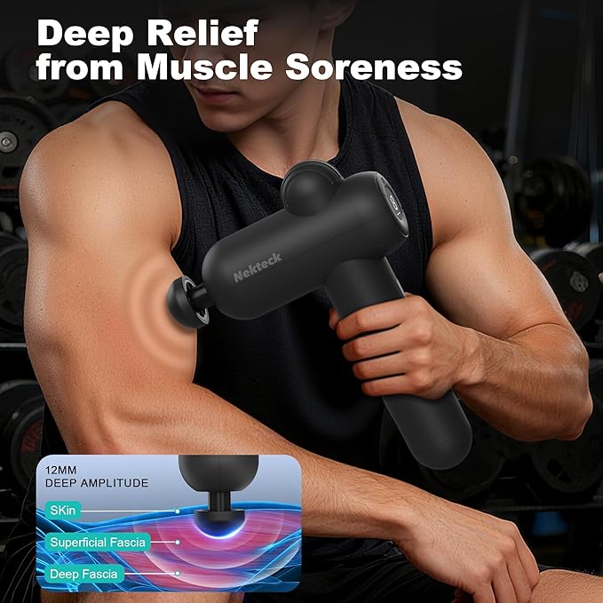 Nekteck Massage Gun Deep Tissue - 12mm Amplitude 30 Speeds Full-Body Muscle Relaxation Device with 5-Head for Pain Relief Quiet USB-C Rechargeable Percussion Muscle Massager for Home Office Travel