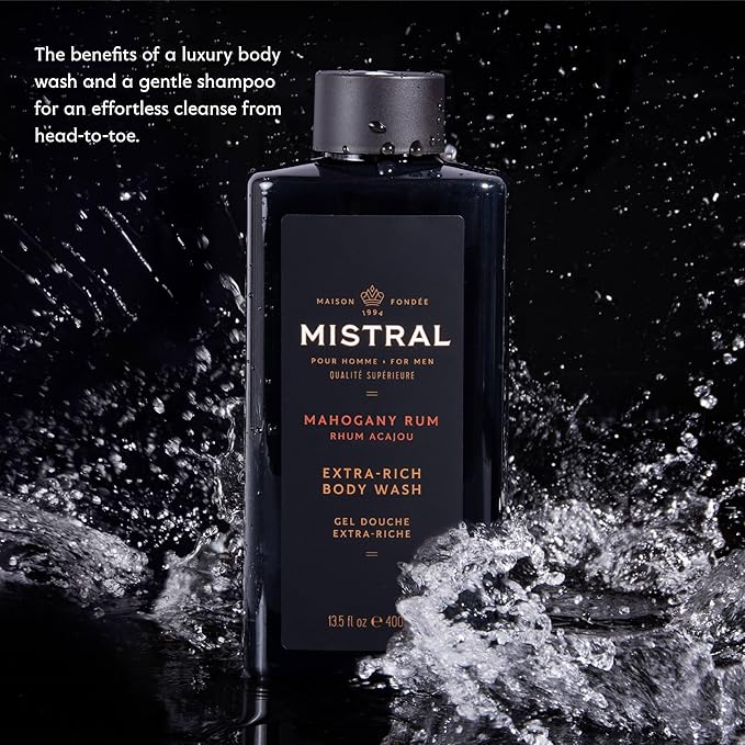 Mistral Men's Body Wash &amp Shampoo Mahogany Rum 13.5 oz | 2-in-1 Natural Shower Gel for Men | SLS Paraben &amp Phthalate Free | Natural Men’s Body Wash Moisturizing Bath Gel - Made in France