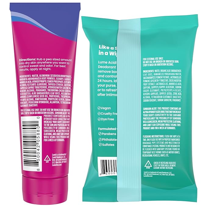 Lume Whole Body Deodorant Plus Sweat Control - Smooth Cream Tube (Soft Powder) and Lume Acidified Deodorant Wipes - 24 Hour Odor Control - Aluminum Free Baking Soda Free Skin Loving
