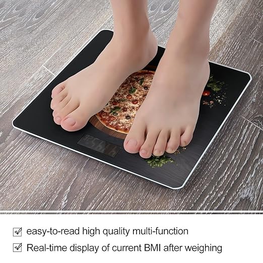 Pizza Wood on Board Scale for Body Weight Anti-Slip Tempered Glass Digital Bathroom Scales Clear LCD Display Weighing Scale Safe Rounded Corners Smart Scales