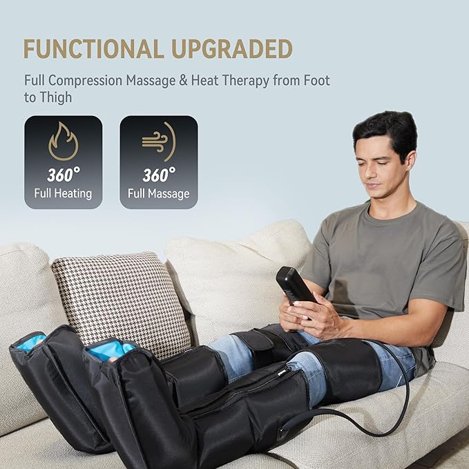 FIT KING Air Compression Leg Massager with Heat and Compression for Circulation and Pain Relief Full Leg &amp Foot Massager for Swelling Edema RLS with Pressure Sensor LCD Display for Dad Mom Wife