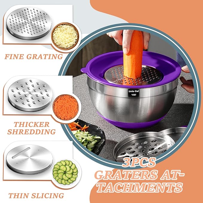 Umite Chef Mixing Bowls with Lids Set 26Pcs Colorful Stainless Steel Bowls Set Nesting Bowls with Grater Attachments Large Kitchen Bowls Set with Non-Slip Bottoms for Mixing &amp Serving