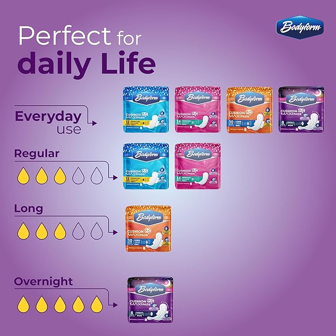 Bodyform Maxi - Value Sanitary Napkins Cushion Soft Always Comfortable and Ultra-Absorbent (Night 192 Count (24 Packs of 8 Counts))