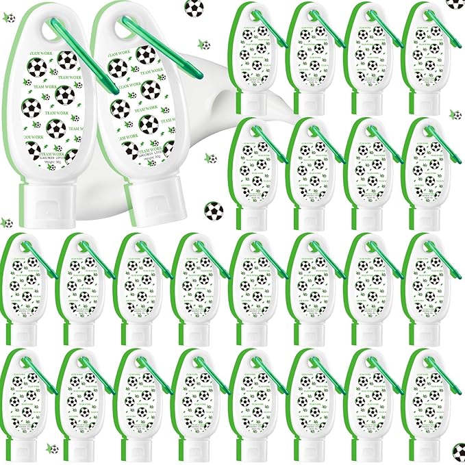 Leelosp 24 Pcs Soccer Team Gift Bulk Mini Sunscreen Travel Size 1oz Sport Party Favor Sunscreen Keychain with Clip Spf 30 Fragrance Free Broad Spectrum Soccer Accessories for Girl