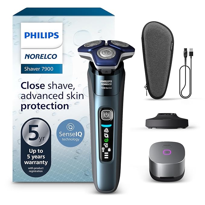 Philips Norelco Shaver Series 7000 Wet &amp Dry Electric Shaver with SenseIQ Technology Pop-up Trimmer Charging Stand Travel Case UV Sanitizing Cube Model S7889/91