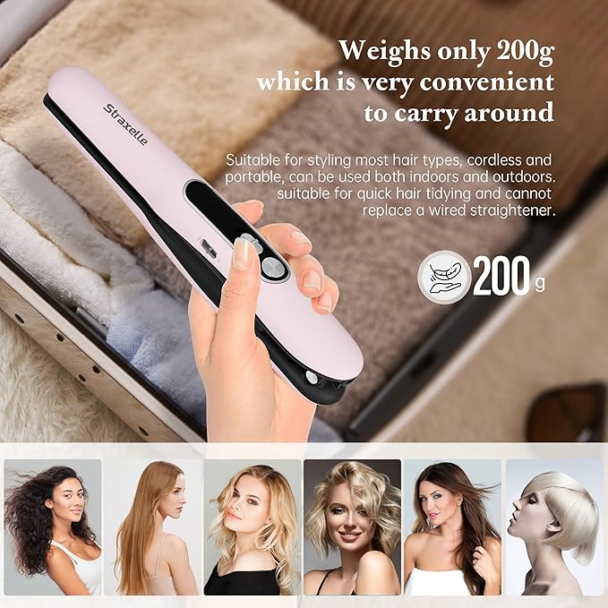 Mini Cordless Hair Straightener and Curler 2 in 1 Mini Portable Flat Iron Adjustable 350°F-420°F Travel Hair Straighteners LED Display/5000mAh Ceramic Flat Iron Hair Straightener for Women Men(Pink)