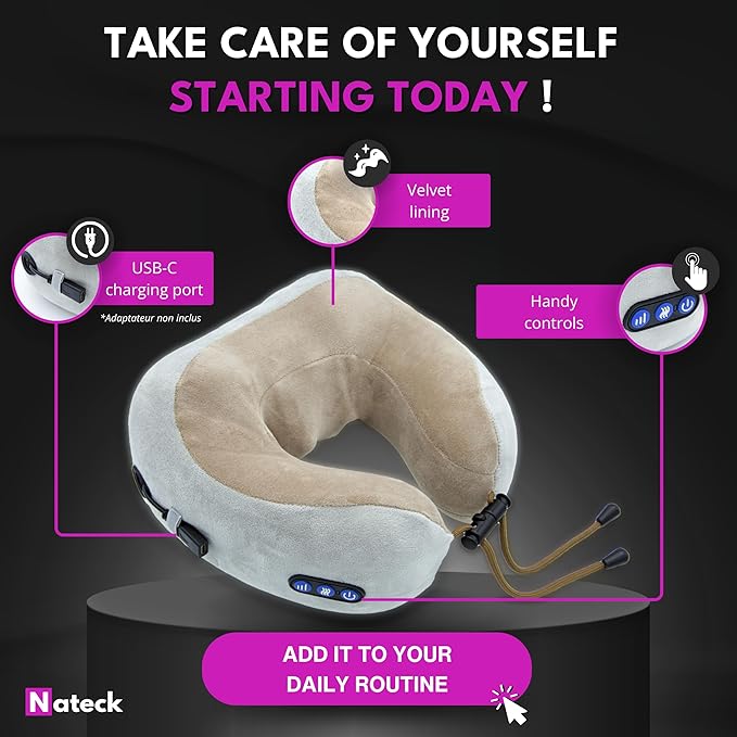 Nateck Cervical and Neck Massager | Pillow Portable Heated Massage Ideal for Travel Relaxation and Office | Kneading Intelligent | Original Gift Women &amp Men | Heat Rolling Modes