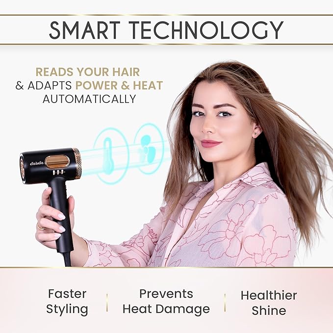 ELLA BELLA® Professional Smart Plasma Hair Dryer with Diffuser • Advanced Plasma Technology Blow Dryer • Intelligent Heat Control &amp Wind Speeds • Suitable All Hair Types