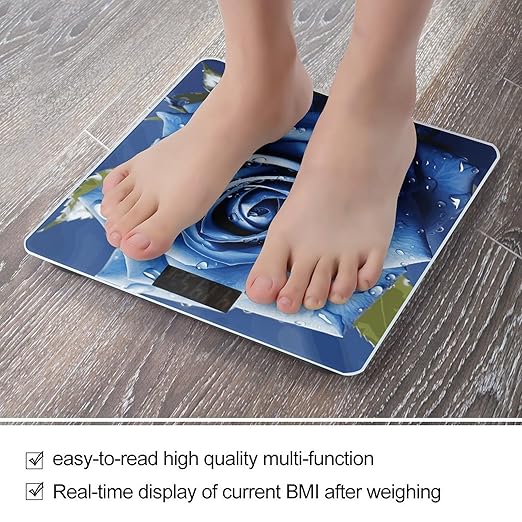 Beautiful Blue Rose Illustration Digital Bathroom Scale for Body Weight with High Precision Digital Weighing Scale with BMI Clear LCD Display and Step-On Measures Weight Up to 180kg