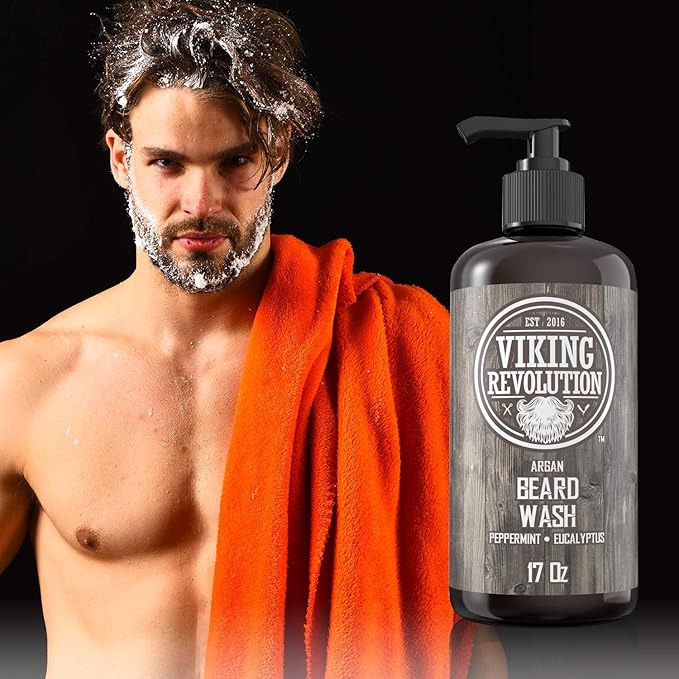 Beard Wash Shampoo w/Argan &amp Jojoba Oils - Softens &amp Strengthens - Natural Peppermint and Eucalyptus Scent - Beard Shampoo w/Beard Oil (17 oz Shampoo)