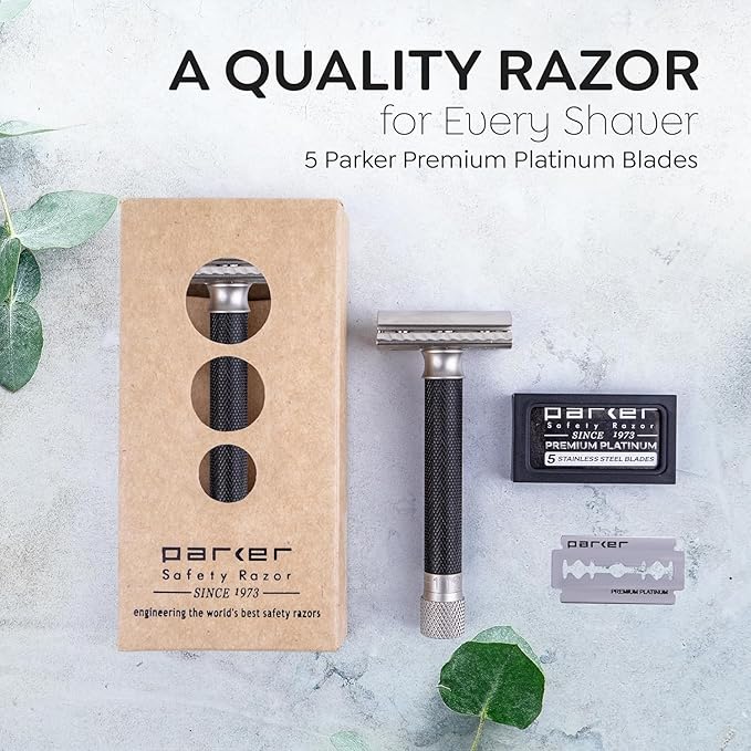 Parker THE VARIANT CLOSED COMB - ADJUSTABLE Double Edge Safety Razor Customize your Shave with a Turn of the Dial from Mild to Aggressive - 5 Blades Included (GRAPHITE GRAY)