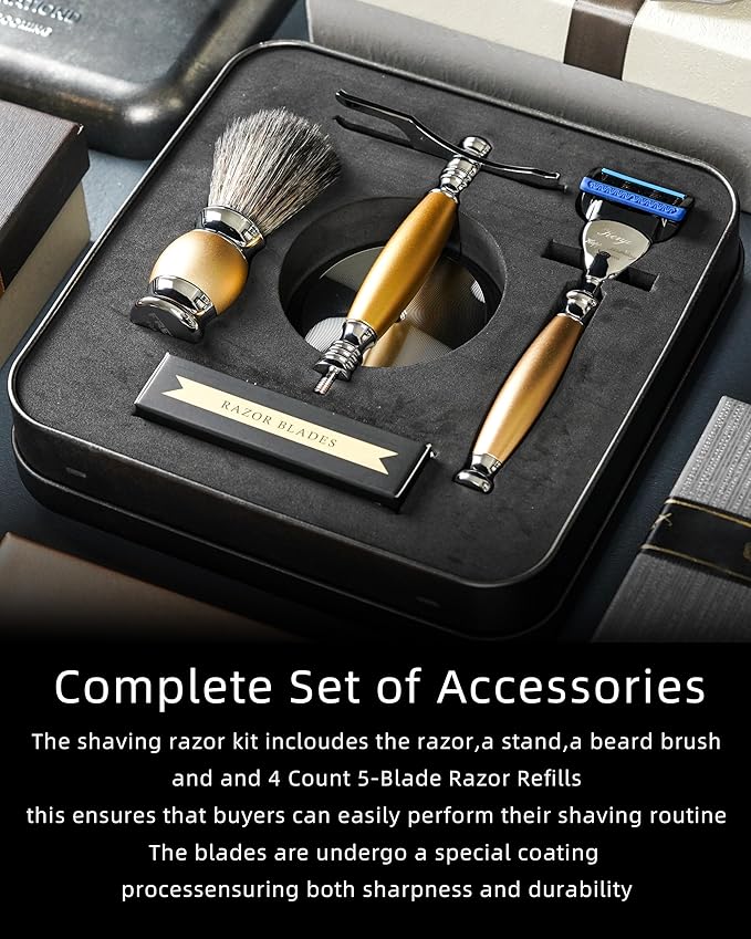 FREED Customized gifts Engraving Luxury Men's 5-Blade Razor set Aluminum Alloy Material incloud 4 Bladesrazor standrazor brushIt's the best gift for men (Gold)