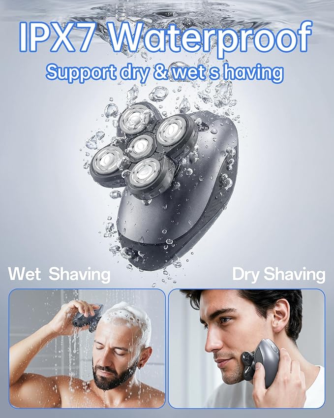 Electric Razor for Men 5-in-1 Multi-Function Electric Shavers for Men IPX7 Waterproof Bald Head Shaver with LED Display Rechargeable Beard Trimmer Body Hair Trimmer Ideal Gifts for Husband (Black)