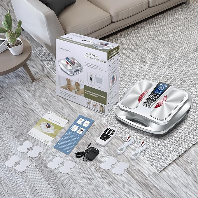 EMS Foot Massager with HeatTENS Electronic Muscle Circulation Stimulator with 4 Electrode Pads for NeuropathyRelieves Swelling Fatigue Plantar Fasciitis-Silent Operation (Silver) (Silver)