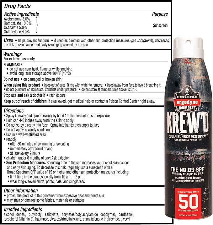 Ergodyne KREW'D 6353 Sunscreen Spray Broad Spectrum SPF 50 Water Resistant 5.5 oz 12-Pack