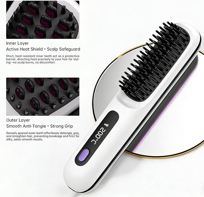 GERY Wireless Hair Straightener Brush Cordless Negative Ion 3 Temp Settings (160℃/180℃/200℃) MCH Fast Heating 4X Longer Battery LED Display Portable for Travel &amp Home (White)