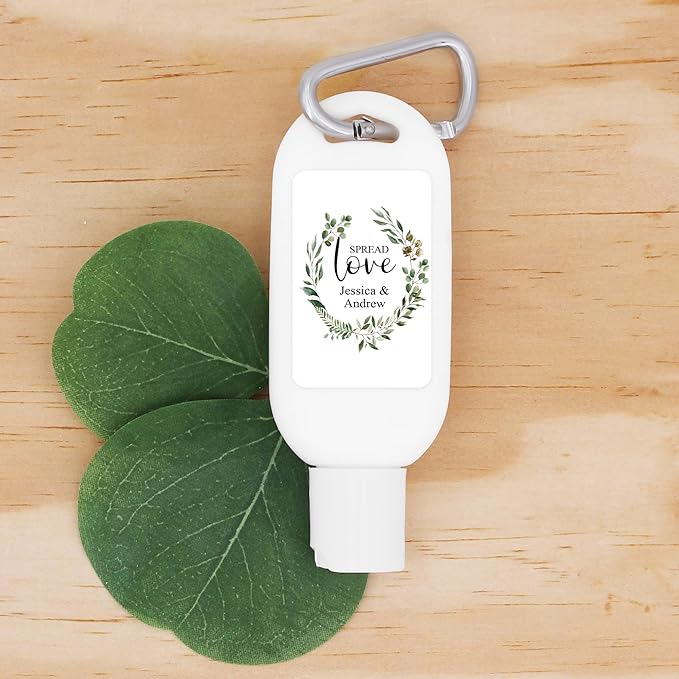 Personalized Sunscreen with Carabiner SPF 30 Custom Sunscreen for Wedding Favors Garden Wedding Botanical Wedding Bridal Shower Favors Bachelorette Gift (Set of 12)