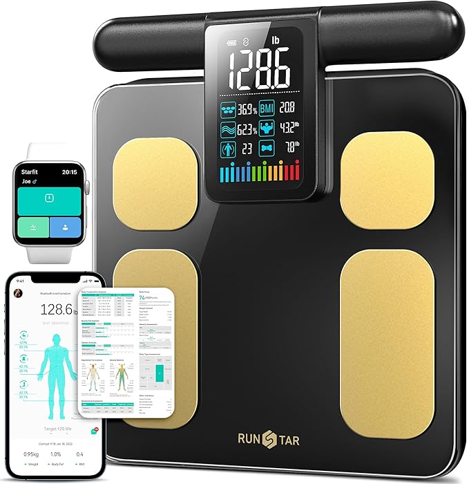 RunStar Scale for Body Weight and Fat Percentage 8 Electrodes High Precision Digital Scale for BMI 28 Body Composition Measurement Bathroom Smart Scales with Large Color Display FSA&ampHSA Eligible