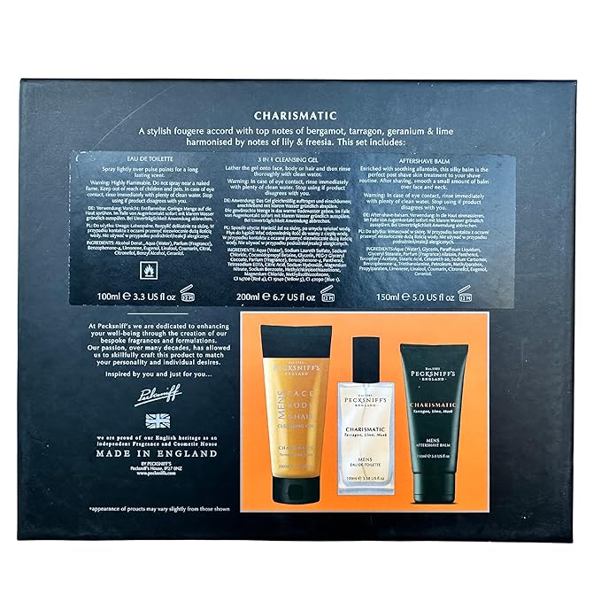 Pecksniff's Fragrance Gift Sets Luxurious Handcrafted in England (Men's Charismatic Trio: Eau de Toilette Aftershave Balm Cleansing Gel Set)