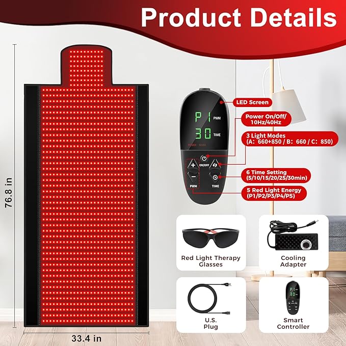 Red Light Therapy Mat 2in1 LEDs (660nm&amp 850nm) Red Light Therapy Blanket Premium Material Adjustable Timer &amp Intensity