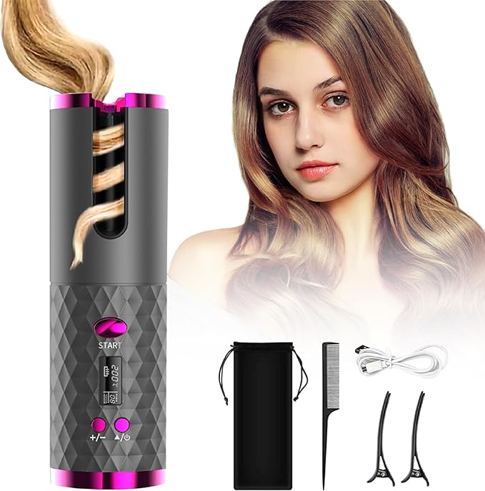 Automatic Curling Iron Hair Curling Iron for Hair Styling Cordless Auto Hair Curler with 6 Temps and Timers Auto Shut-Off Fast Heating Rechargeable Cordless Hair Curler 1 (Gray)