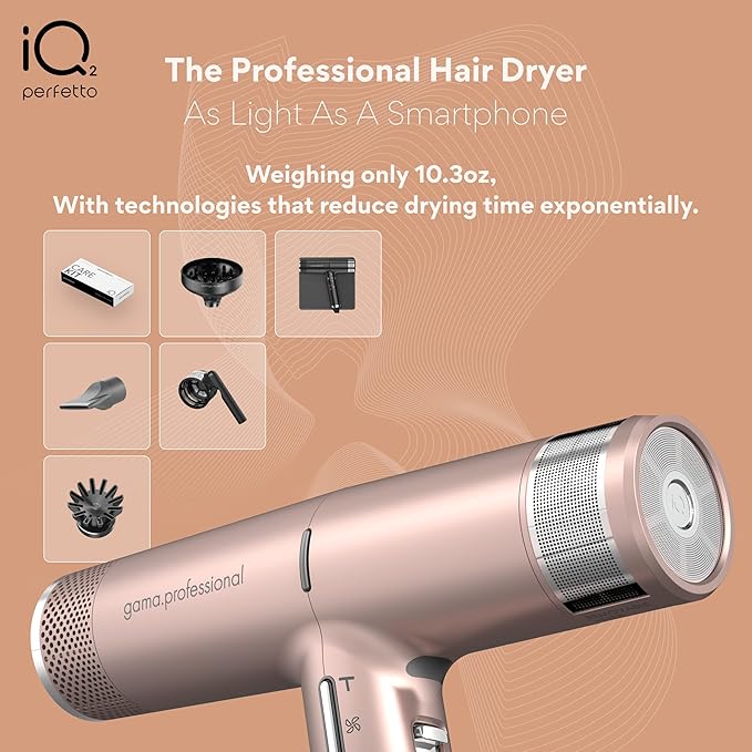 IQ2 | IQ Perfetto | Professional Hair Dryer | by Ga.Ma Italy | 2022 Update | Auto Standby | Turbo 120.000 RPM | Rose Gold
