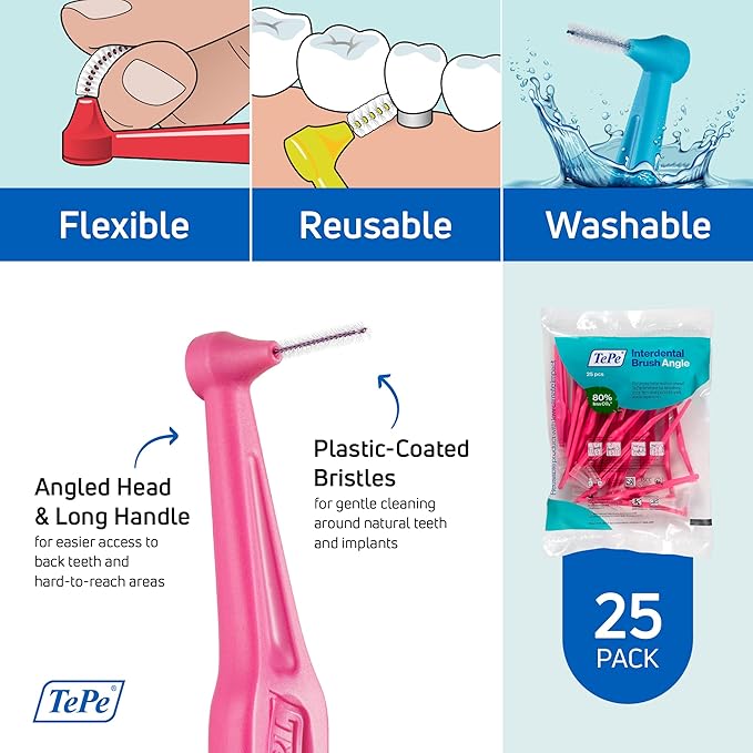 TePe Interdental Brush Angle Angled Dental Brush for Teeth Cleaning Pack of 25 0.40 mm Extra-Small/Small Gaps Pink Size 0