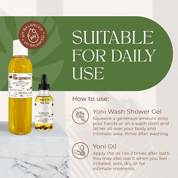 Yoni Wash Shower Gel (7 oz) and Yoni Oil (1.1 oz) Bundle Includes Body Wash for Cleansing and Feminine Care Oil for pH Balance and Odor Control Natural Feminine Hygiene Products Body Care Bundle