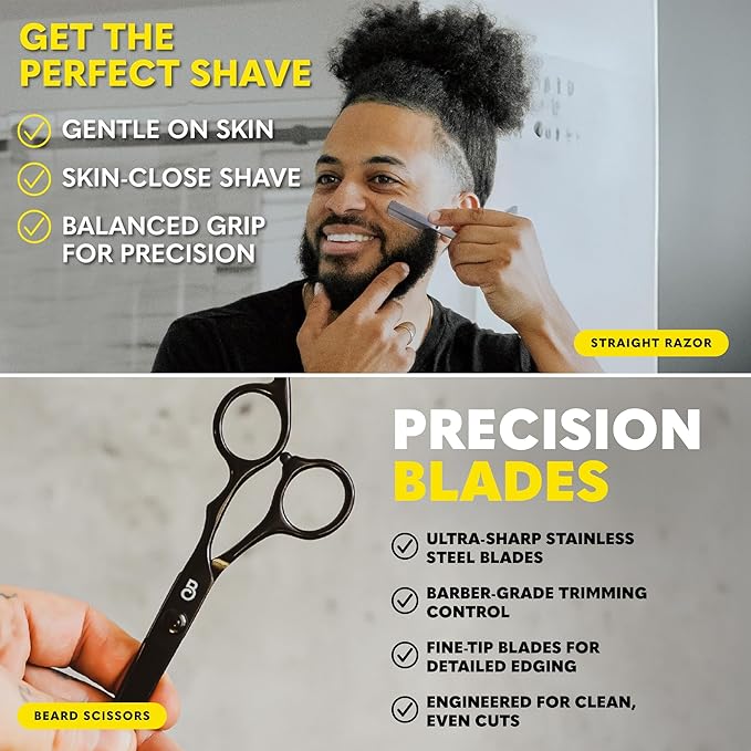 The Beard Club Titanium Beard Growth Kit - Derma Roller Growth Oil Vitamins Vitamin Spray Biotin Balm Thickening Conditioner Shampoo Straight Razor Scissors Comb Cleansing Spray - Gift Set