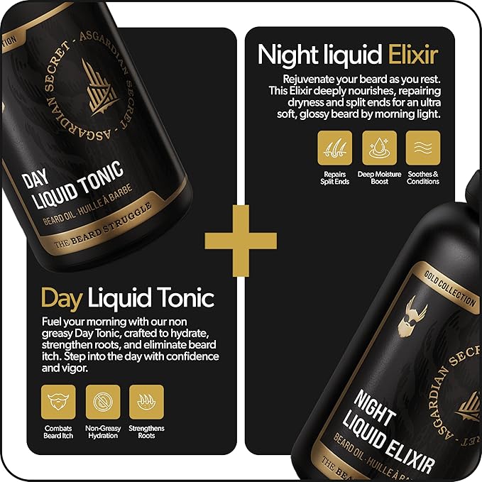 The Beard Struggle Tonic + Elixir Beard Oil Bundle - Gold Collection - Grooming Beard Oil - Softens Moisturizers and Strengthens Beard Growth - Pack of 2 Asgardian Secret