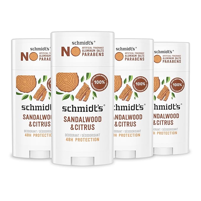Schmidt's Aluminum-Free Vegan Deodorant Sandalwood &amp Citrus 4 Count for Women and Men with 24 Hour Odor Protection Natural Ingredients Cruelty-Free 2.65 oz