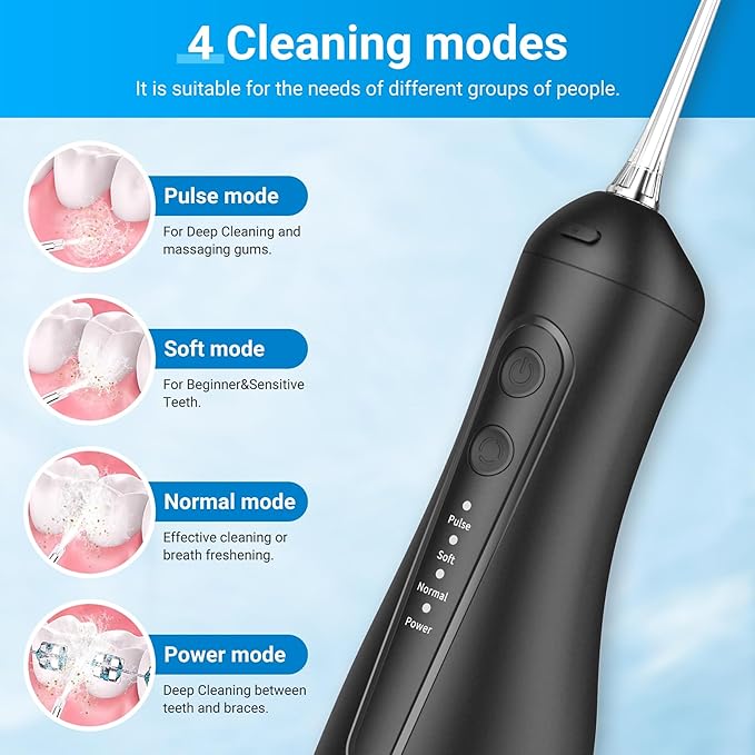 Portable Water Flosser for Teeth - 4 Modes Cordless Oral Irrigator with 300ML Tank 360° Rotating Nozzle 4 Jet Tips Rechargeable IPX7 Waterproof Low Noise Gravity Ball Design (M159 - Black)