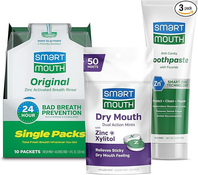 SmartMouth Original Fresh Breath Oral Care Bundle - Mouthwash Single Packs Fluoride Anti‑Cavity Zinc Toothpaste &amp Dry Mouth Dual‑Action Mints - Sugar Gluten &amp Alcohol-Free - 10 Packs 6 oz