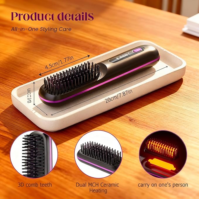 Go Brush Pro Hair Straightening Brush Portable Cordless Mini Straightener 3 Temp Auto Shut-Off Anti-Frizz Ideal for On-The-Go Styling
