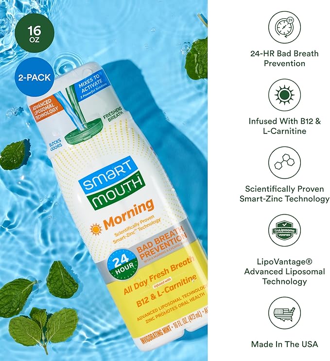 SmartMouth Advanced Liposomal Morning Mouthwash - All-Day Fresh Breath - Vitamin B12 &amp L-Carnitine - Dual-Solution Zinc-Activated Morning Mouthwash - Invigorating Mint Flavor - 16 fl oz Each 2-Pa