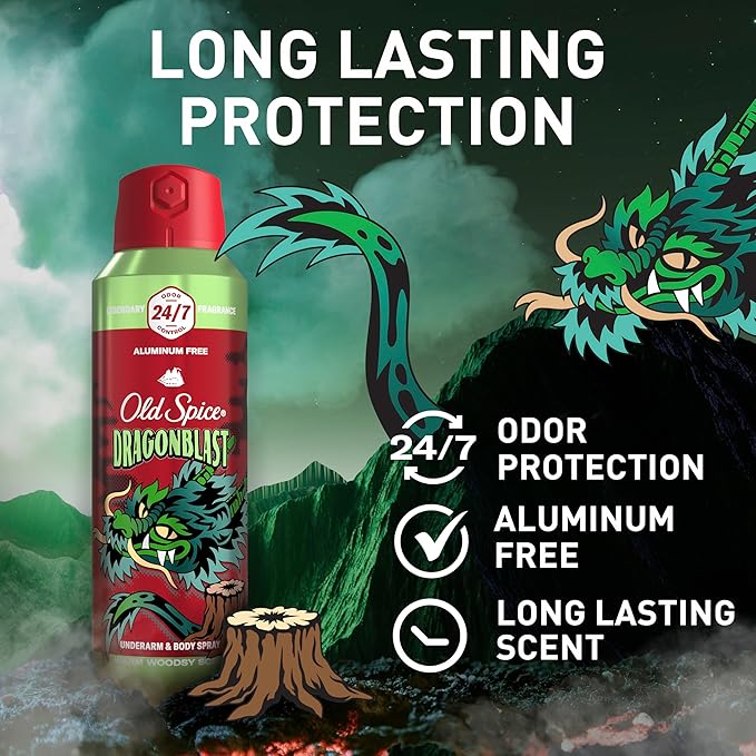 Old Spice Aluminum Free Body Spray for Men 24/7 Odor Protection 24/7 Lasting Fragnance &amp Freshness Cologne Quality Scent Dragonblast with Warm Woodsy Scent 5.1 oz (Pack of 3)