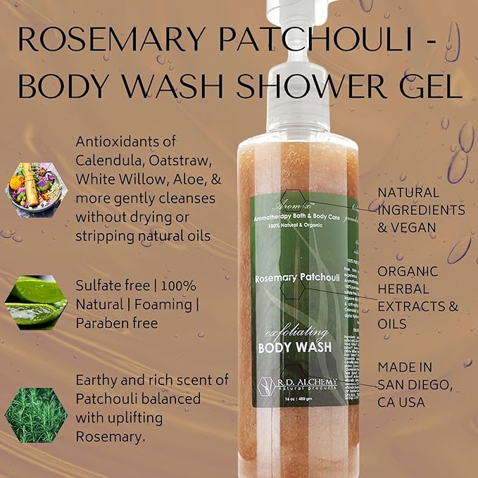 RD Alchemy - 98% Natural &amp Organic Rosemary Patchouli Body Wash Shower Gel - Rich and Earthy to Relax and Ground while Cleansing Exfoliating and Renewing