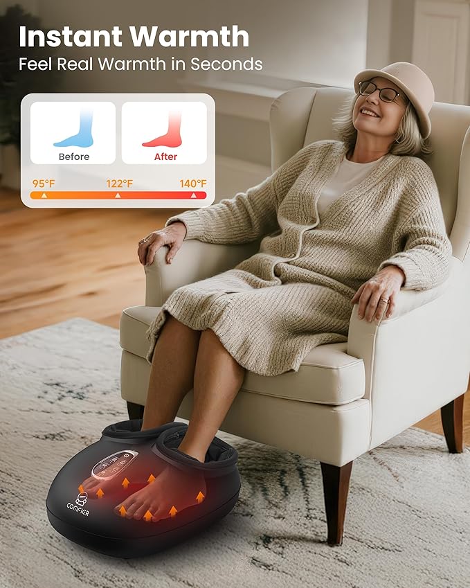 COMFIER 4-in-1 FSA Eligible HSA Shiatsu Foot Massager with Heat Compression &amp Vibration Independent Controls 3 Levels Toe Touch Control Large Size Fits Up to 14 Gifts for Mom Dad Home Offic